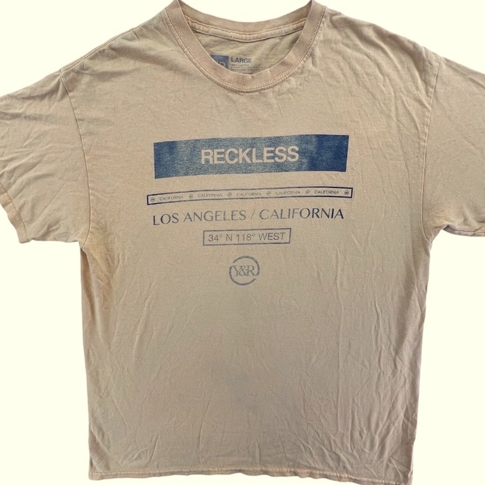 Young & Reckless Men T Shirt Cotton Large Yellow Los Angeles California Graphic